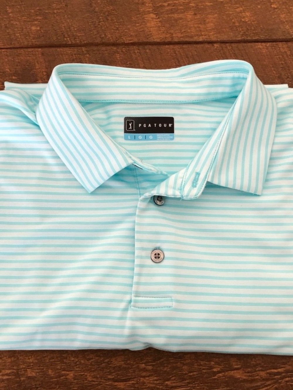 PGA Tour Blue and White Striped Short Sleeve Polo
